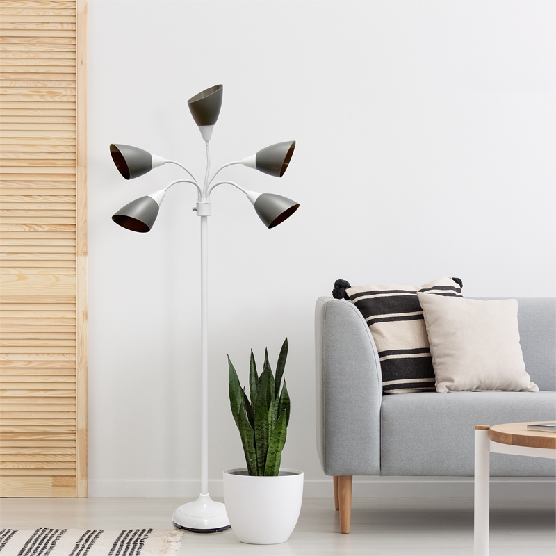 5 Light Adjustable Gooseneck White Floor Lamp with Gray Shades