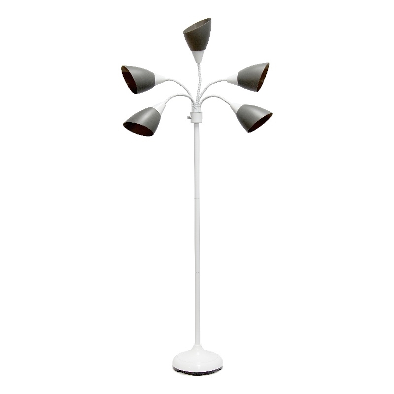 5 Light Adjustable Gooseneck White Floor Lamp with Gray Shades