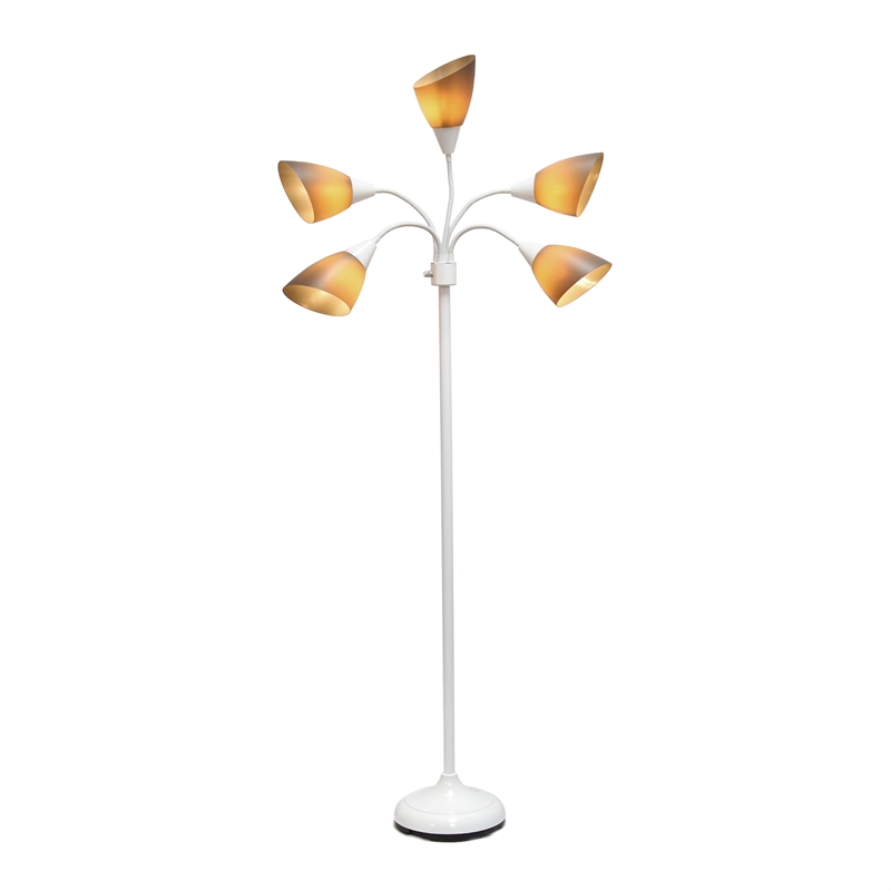 5 Light Adjustable Gooseneck White Floor Lamp with Gray Shades