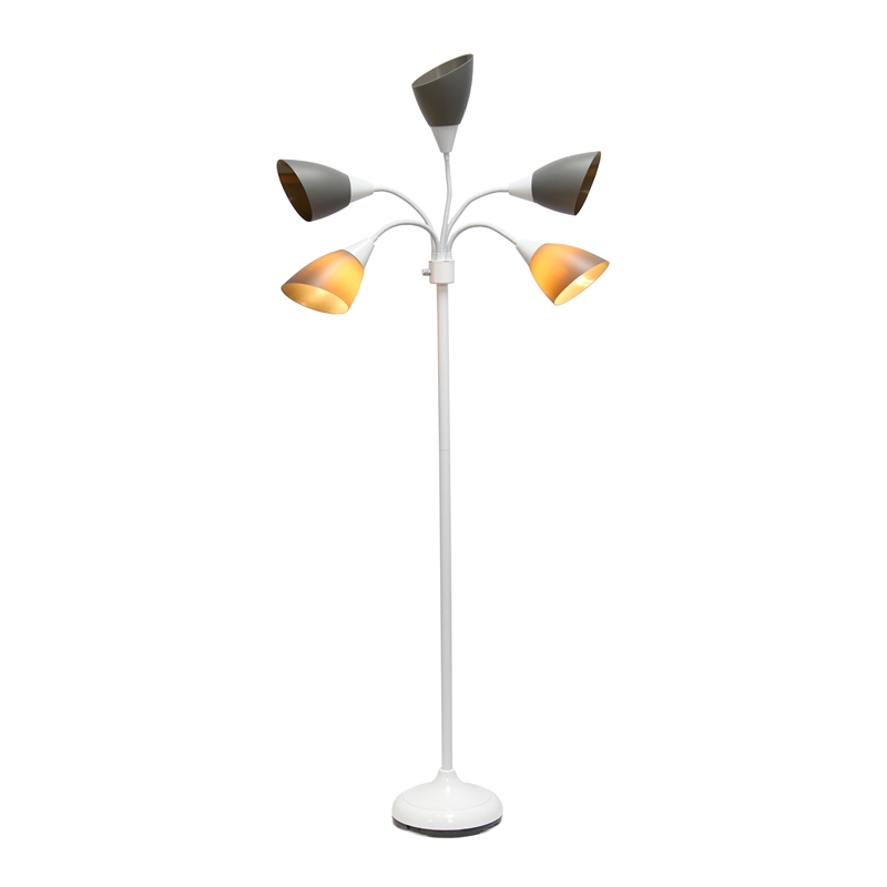 5 Light Adjustable Gooseneck White Floor Lamp with Gray Shades