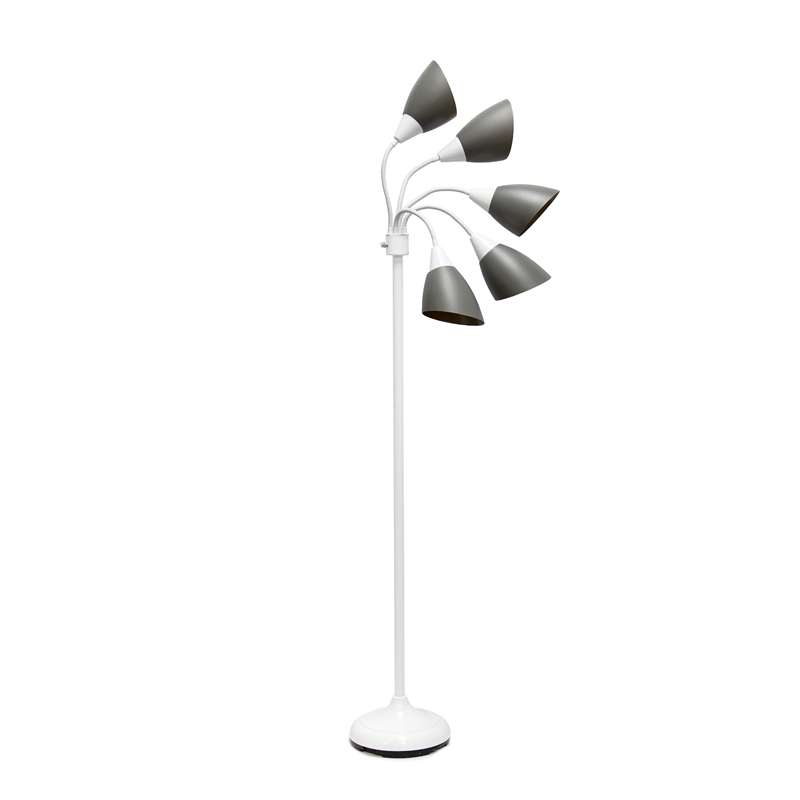 5 Light Adjustable Gooseneck White Floor Lamp with Gray Shades