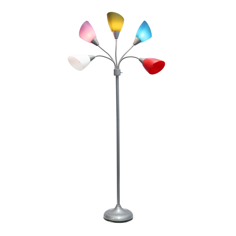 5 Light Adjustable Gooseneck Silver Floor Lamp with Primary Multicolored Shades