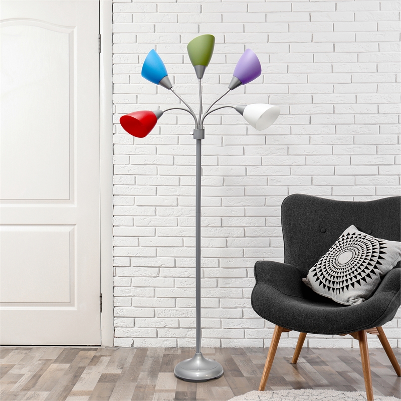 5 Light Adjustable Gooseneck Silver Floor Lamp with Primary Multicolored Shades