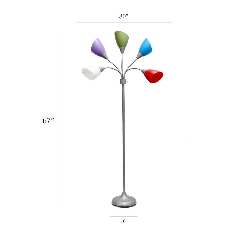 5 Light Adjustable Gooseneck Silver Floor Lamp with Primary Multicolored Shades