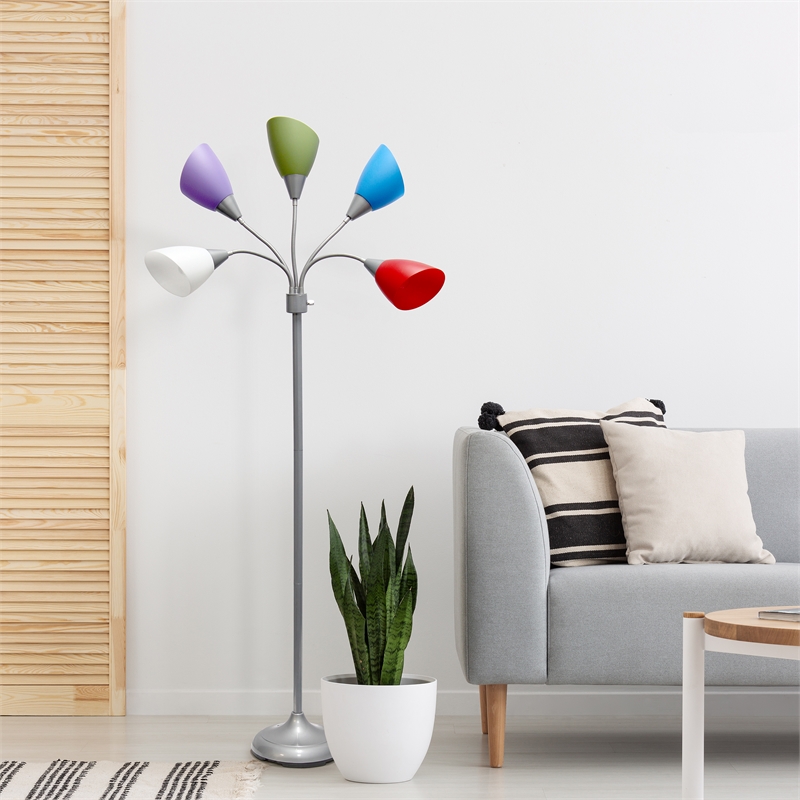 5 Light Adjustable Gooseneck Silver Floor Lamp with Primary Multicolored Shades