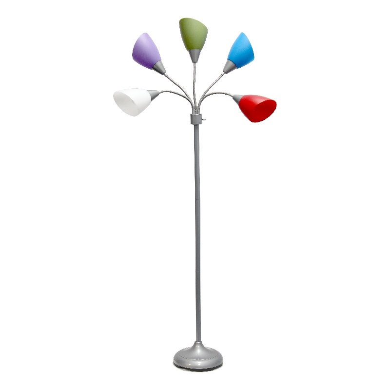 5 Light Adjustable Gooseneck Silver Floor Lamp with Primary Multicolored Shades