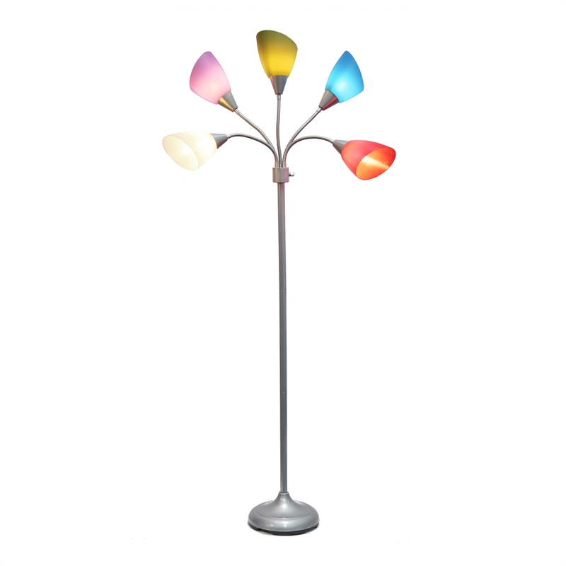 5 Light Adjustable Gooseneck Silver Floor Lamp with Primary Multicolored Shades