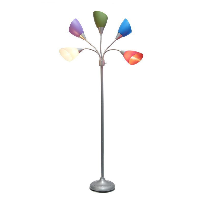 5 Light Adjustable Gooseneck Silver Floor Lamp with Primary Multicolored Shades