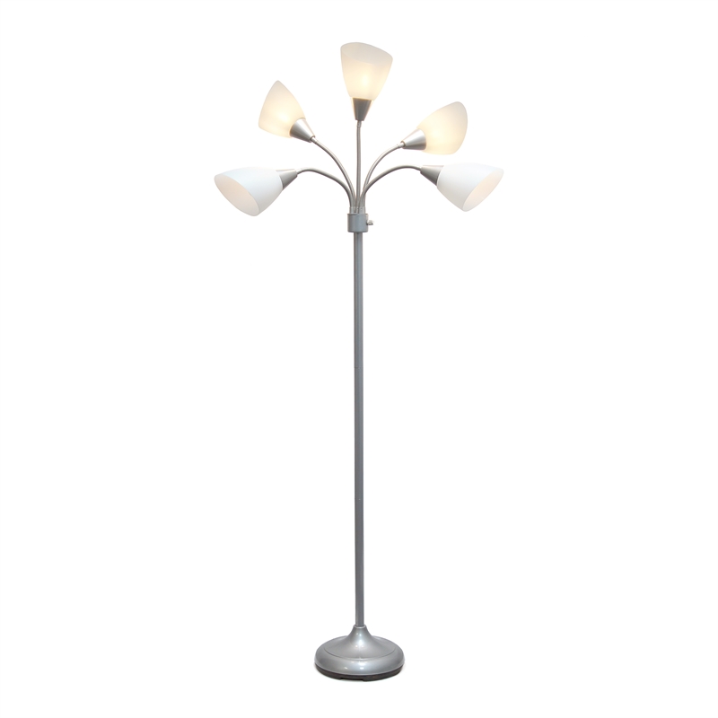5 Light Adjustable Gooseneck Silver Floor Lamp with White Shades