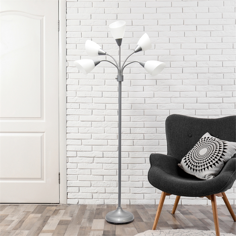 5 Light Adjustable Gooseneck Silver Floor Lamp with White Shades