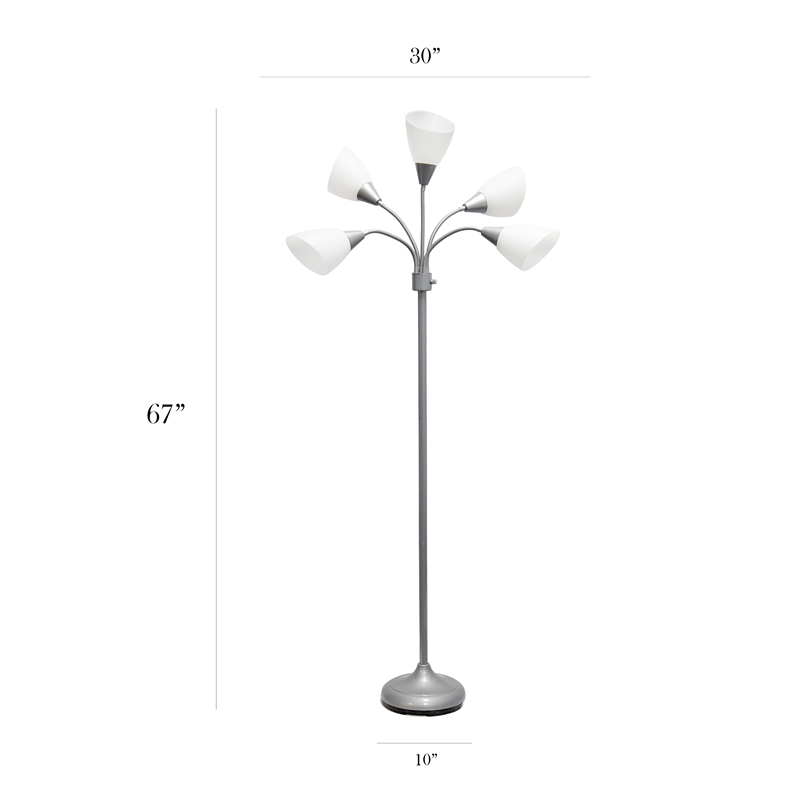 5 Light Adjustable Gooseneck Silver Floor Lamp with White Shades