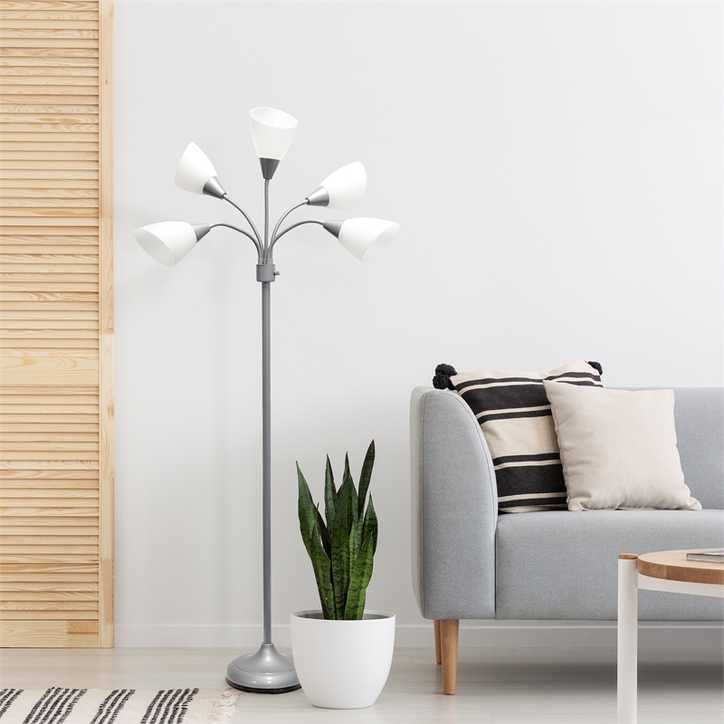 5 Light Adjustable Gooseneck Silver Floor Lamp with White Shades
