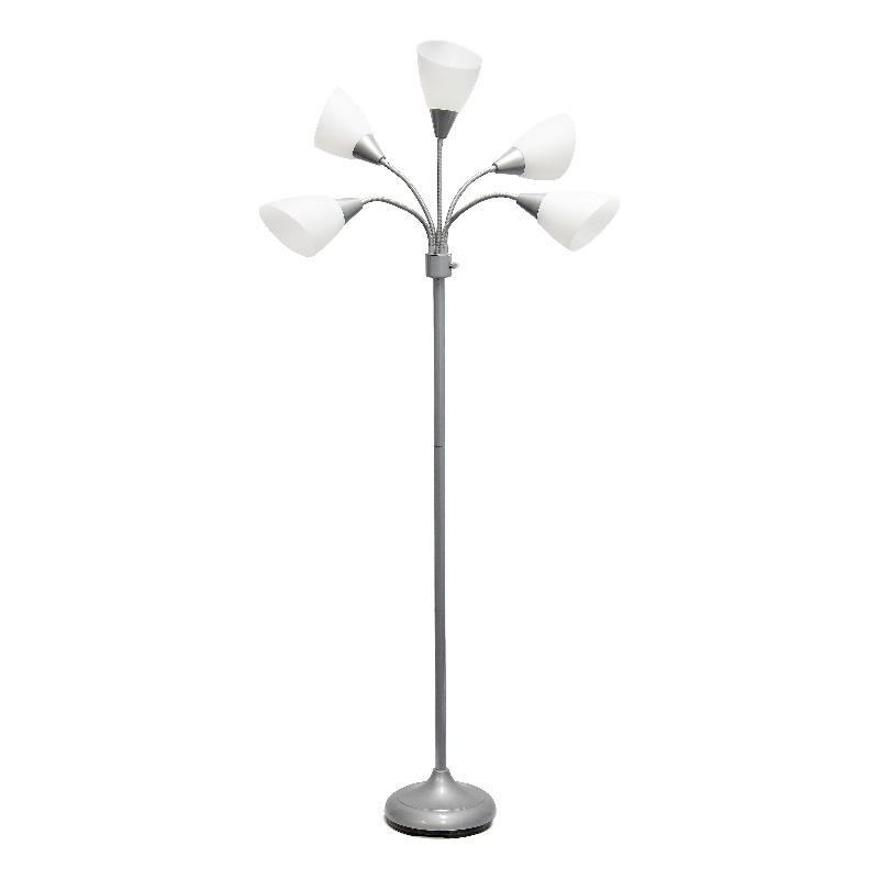 5 Light Adjustable Gooseneck Silver Floor Lamp with White Shades