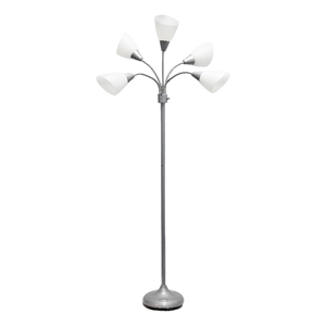 5 Light Adjustable Gooseneck Silver Floor Lamp with White Shades