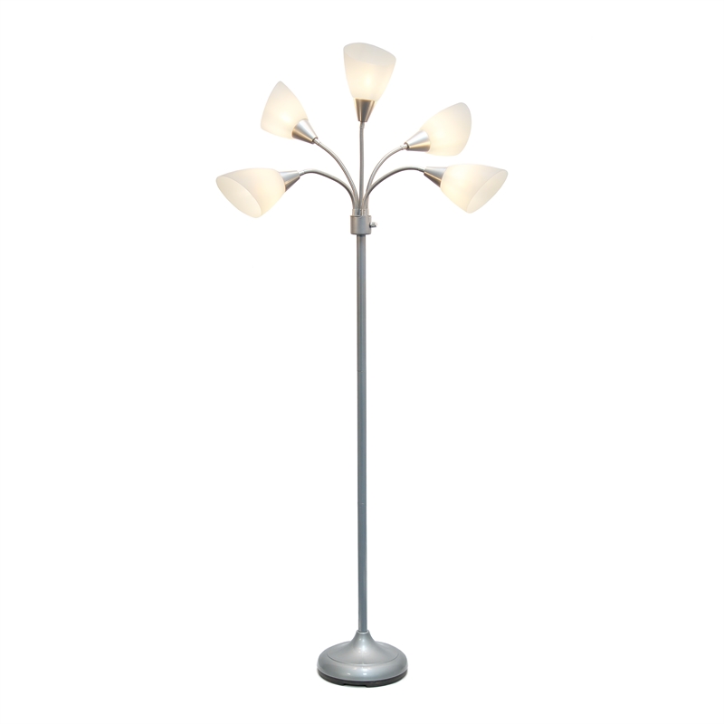 5 Light Adjustable Gooseneck Silver Floor Lamp with White Shades