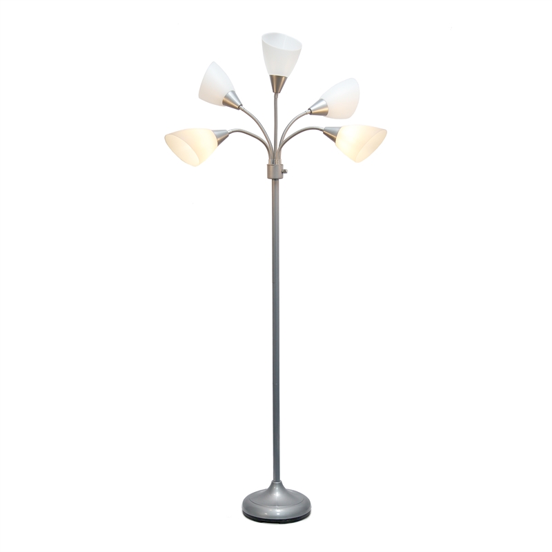 5 Light Adjustable Gooseneck Silver Floor Lamp with White Shades