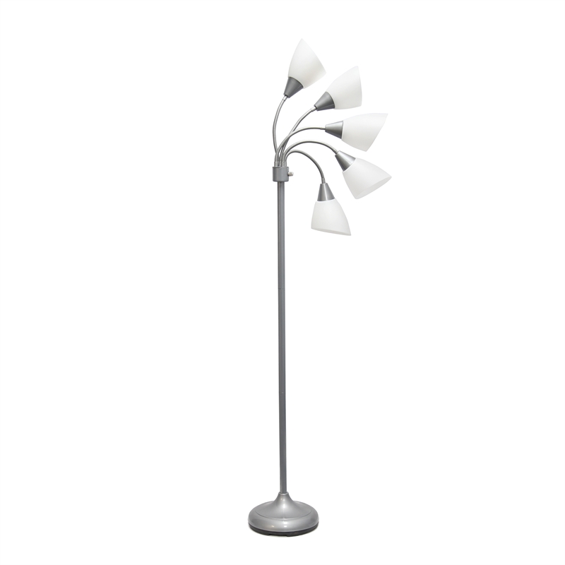 5 Light Adjustable Gooseneck Silver Floor Lamp with White Shades
