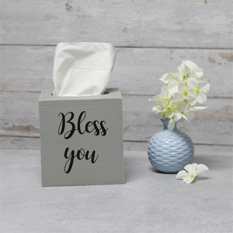 Elegant Designs Wood Tissue Box Cover with Sliding Base & Black Script - Gray