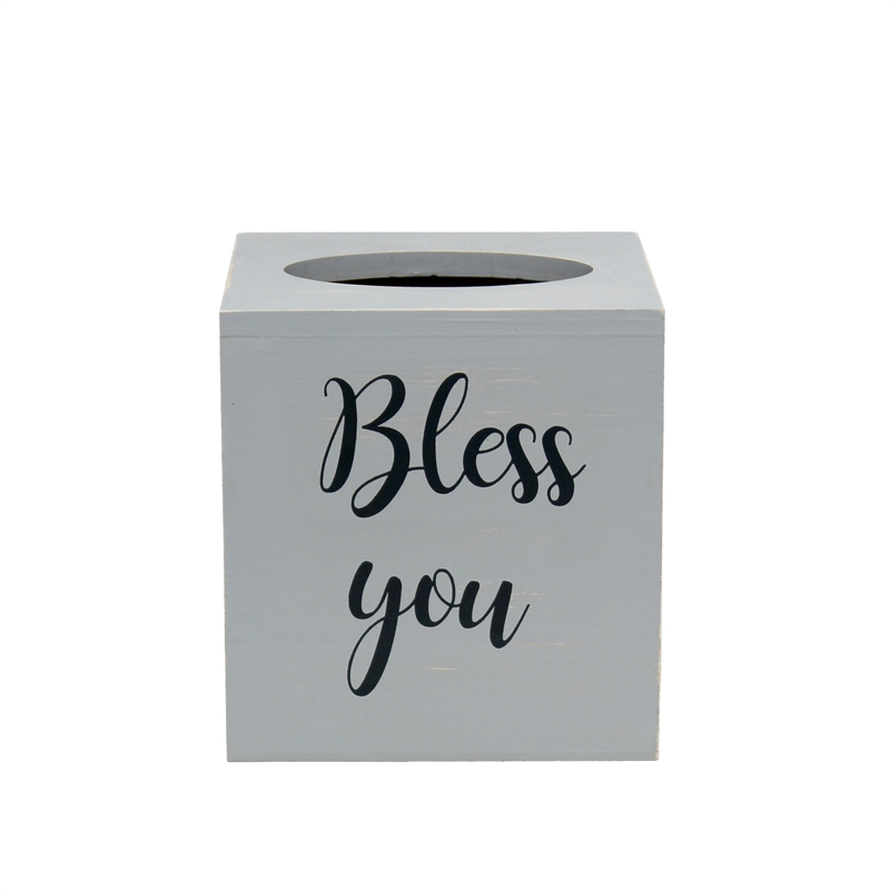 Elegant Designs Wood Tissue Box Cover with Sliding Base & Black Script - Gray