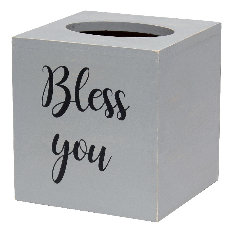 Elegant Designs Wood Tissue Box Cover with Sliding Base & Black Script - Gray