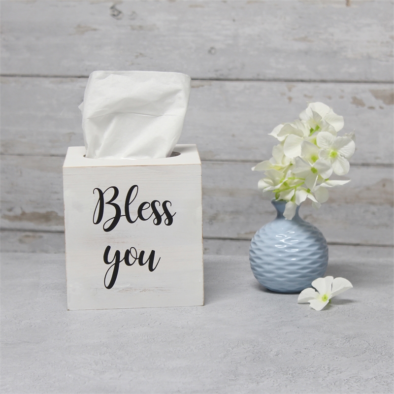 Elegant Designs Wood Tissue Box Cover with Sliding Base & Black Script - White