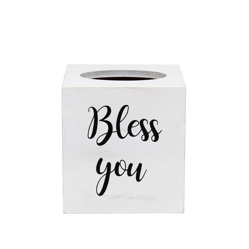 Elegant Designs Wood Tissue Box Cover with Sliding Base & Black Script - White