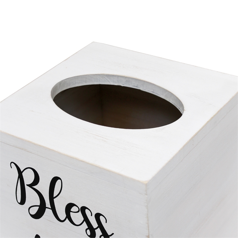 Elegant Designs Wood Tissue Box Cover with Sliding Base & Black Script - White