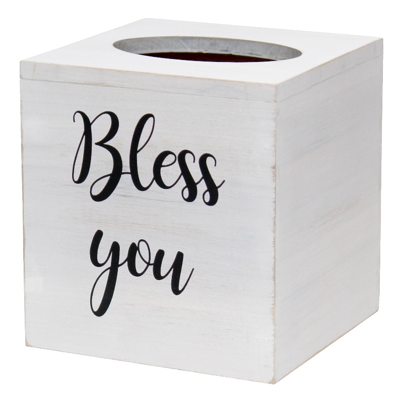 Elegant Designs Wood Tissue Box Cover with Sliding Base & Black Script - White