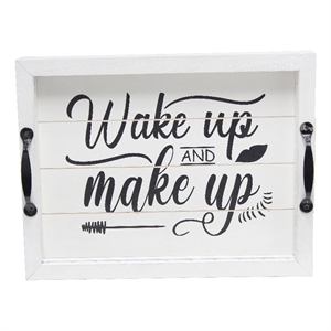 Elegant Designs Salento LED Wood Serving Tray &quotWake up and make up&quot - White Wash
