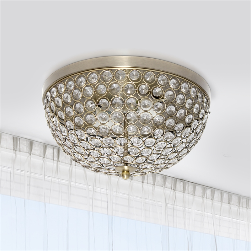 All the Rages 2-Light Dome Crystal Flush Mount Ceiling Fixture in Antique Brass