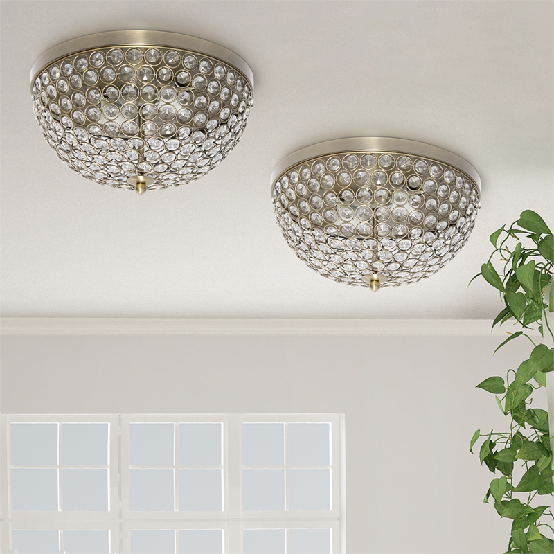 All the Rages 2-Light Crystal Flush Mount Ceiling in Antique Brass (Set of 2)