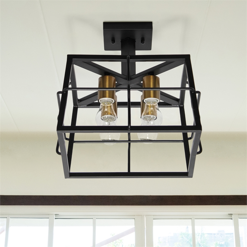 All the Rages Ironhouse 4-Light Square Metal Semi Flush Mount in Black
