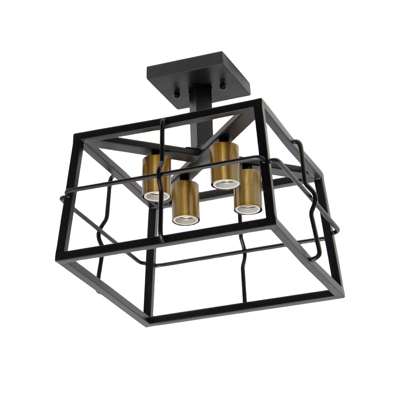 All the Rages Ironhouse 4-Light Square Metal Semi Flush Mount in Black
