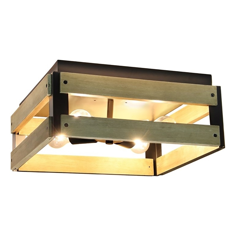 All the Rages Barnlit 4-Light Square Metal Flush Mount in Medium Wood