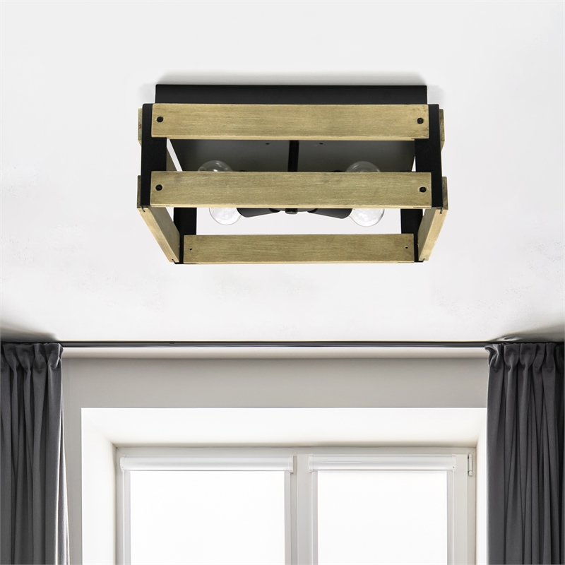All the Rages Barnlit 4-Light Square Metal Flush Mount in Medium Wood