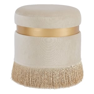 NPD Furniture Suri 18&quot Round Velvet Fabric Fringe Storage Ottoman in Cream