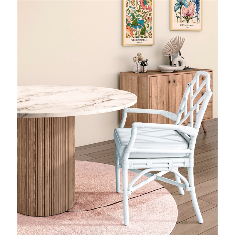 NPD Furniture Kara Fabric and Rattan Dining Side Arm Chair in White