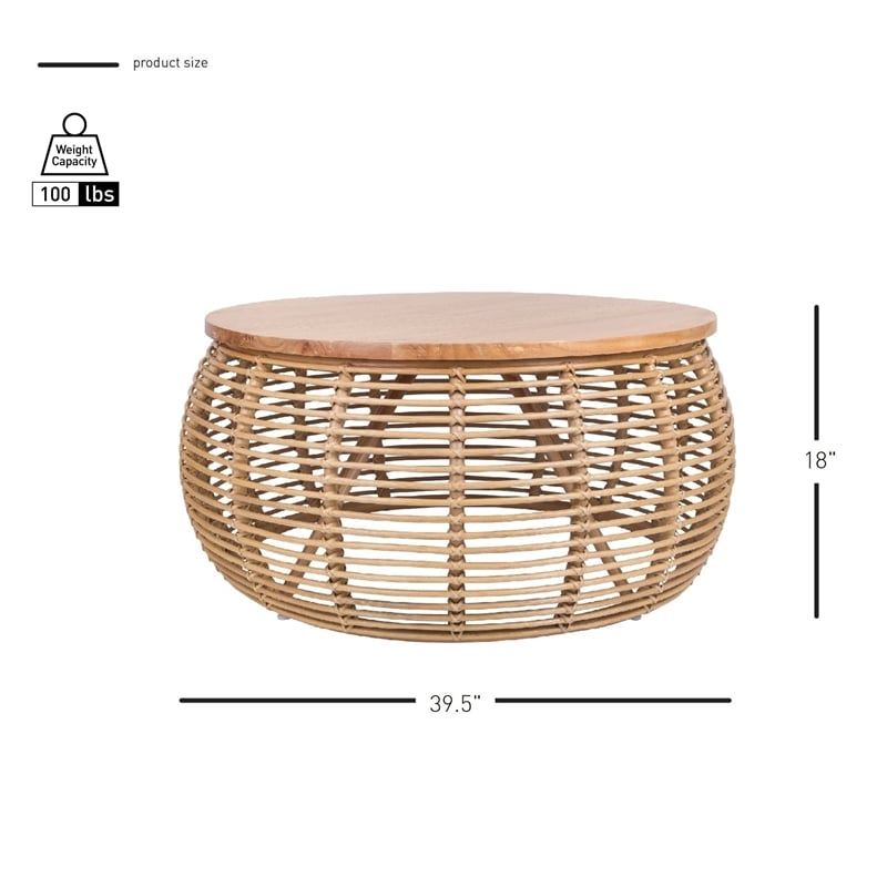 New Pacific Direct Iris Round Rattan Coffee Table in Brown/Natural Honey