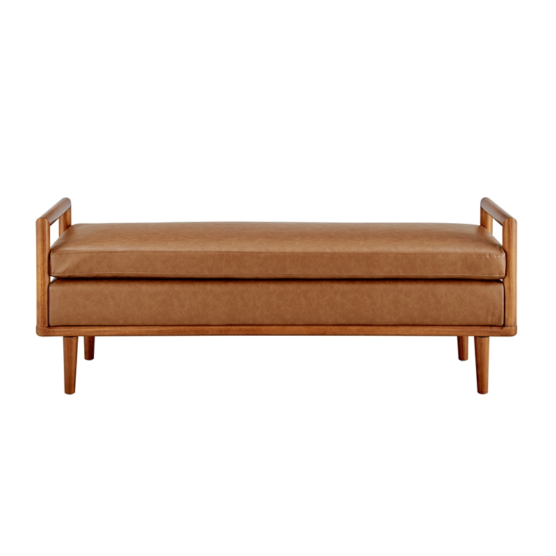 NPD Furniture William Mid-Century Faux Leather Bench in Vintage Cider Brown