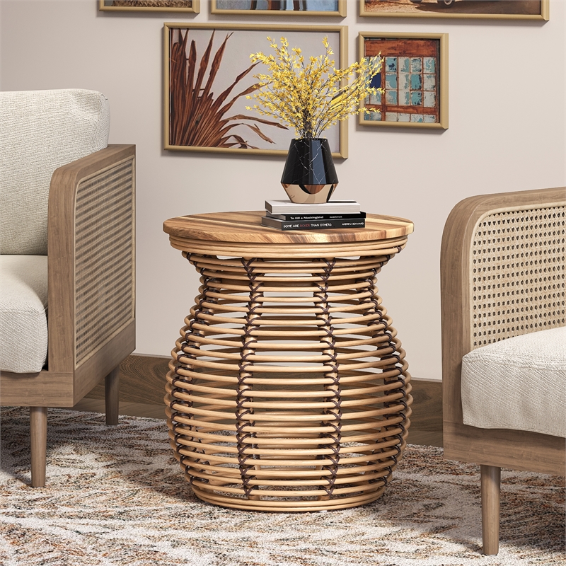 New Pacific Direct Quito Rattan Side/ End Table w/ Wood Top in Honey