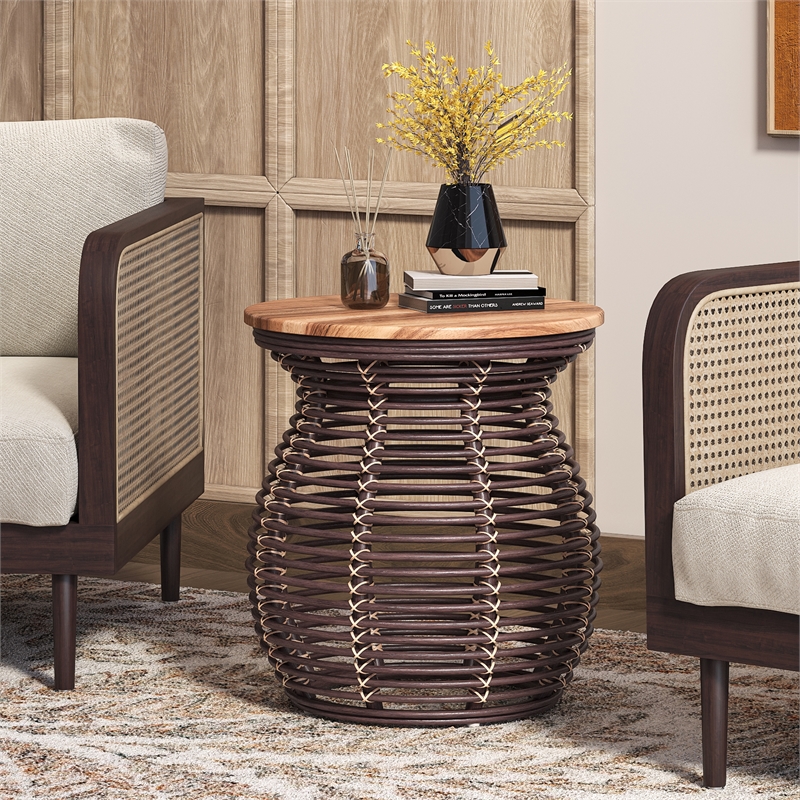New Pacific Direct Quito Rattan Side/ End Table w/ Wood Top in Paloma Brown