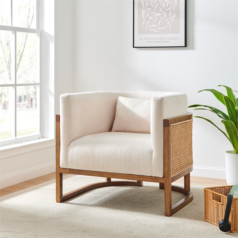 NPD Furniture Velma Accent Arm Chair w/ Rattan in Shortbread/Natural