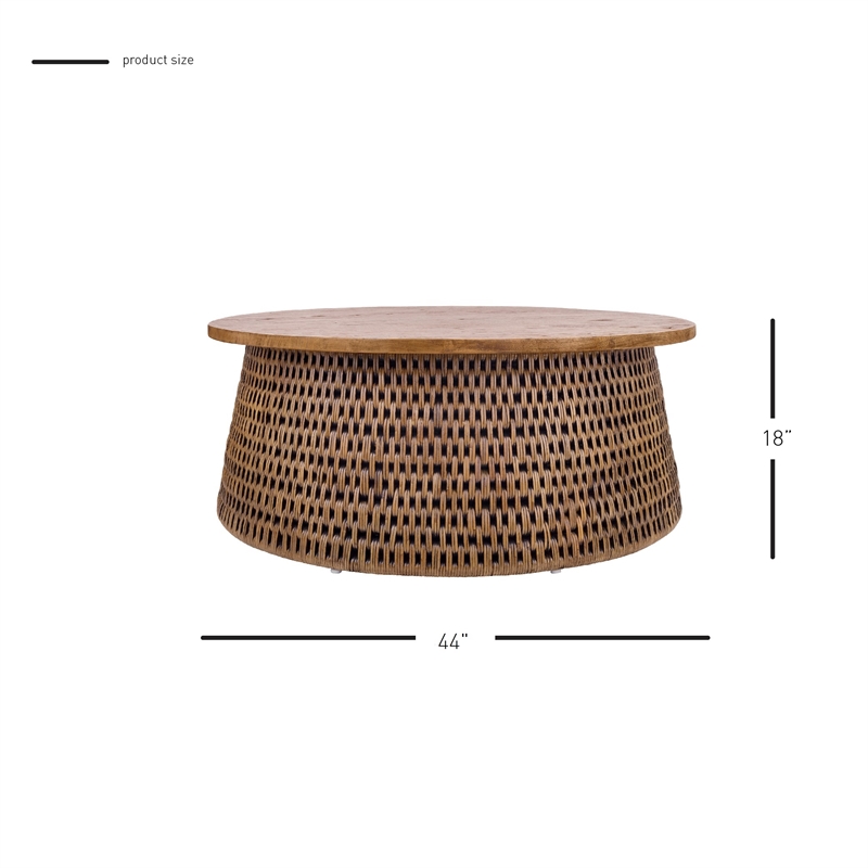 NPD Furniture Kamari Rattan Coffee Table w/ Wood Top in Canary Brown