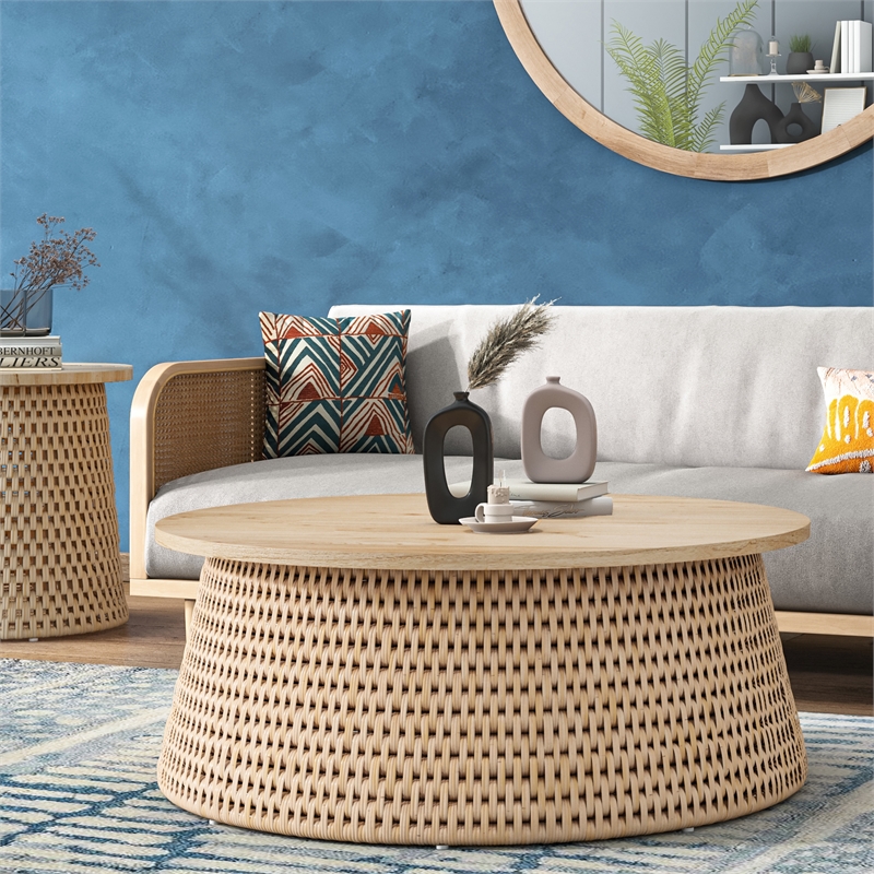 NPD Furniture Kamari Rattan Side/End Table w/ Wood Top