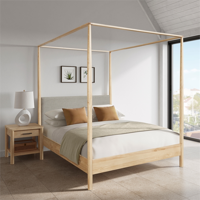 NPD Furniture Bloomfield Queen Canopy Bed Set in Natural Pine