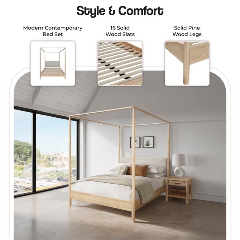 NPD Furniture Bloomfield Queen Canopy Bed Set in Natural Pine