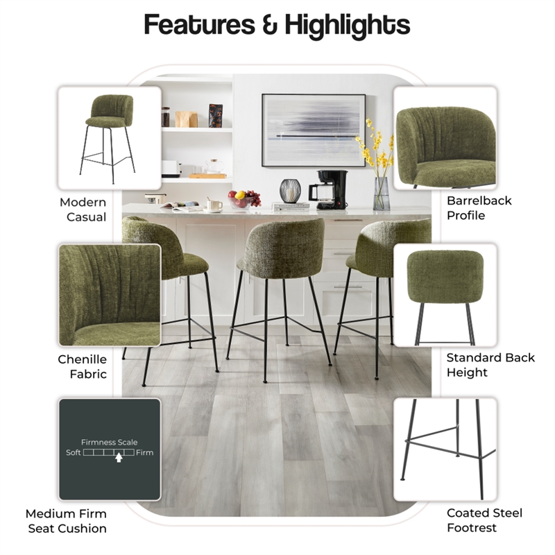 NPD Furniture Millie Fabric Counter Stool in Canova Green (Set of 2)