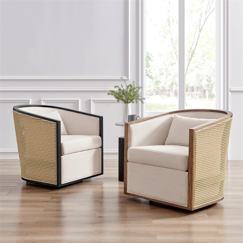 NPD Furniture Marilyn Fabric Swivel Accent Arm Chair w/ Rattan Black Frame