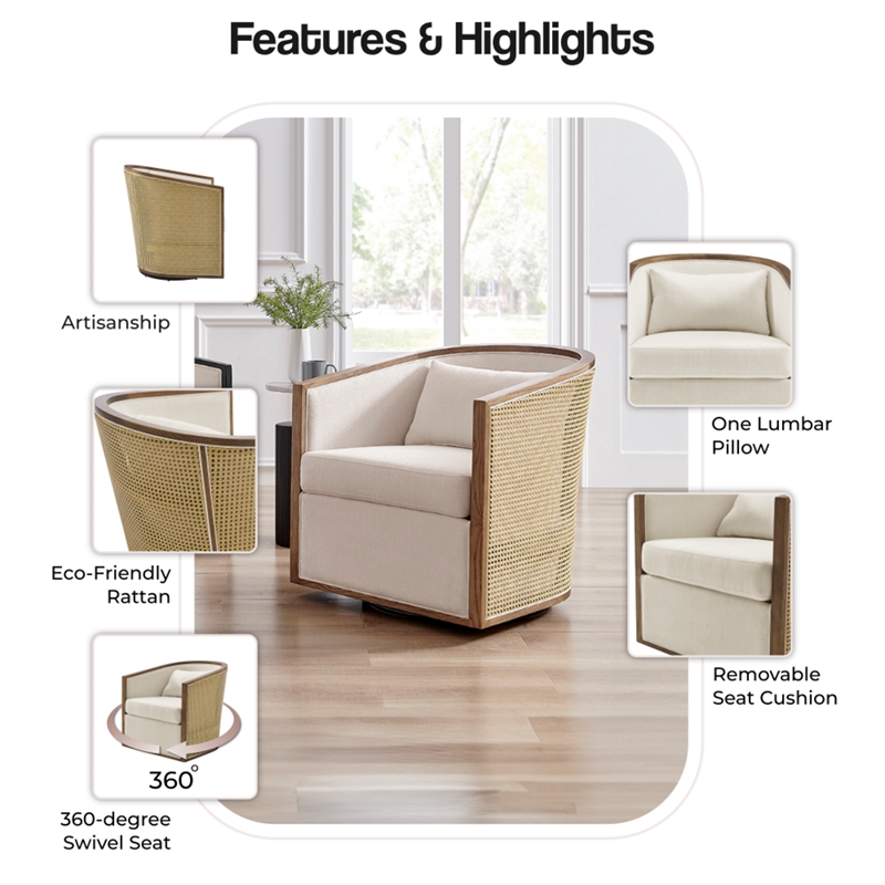 NPD Furniture Marilyn Fabric Swivel Accent Arm Chair w/ Rattan in Natural
