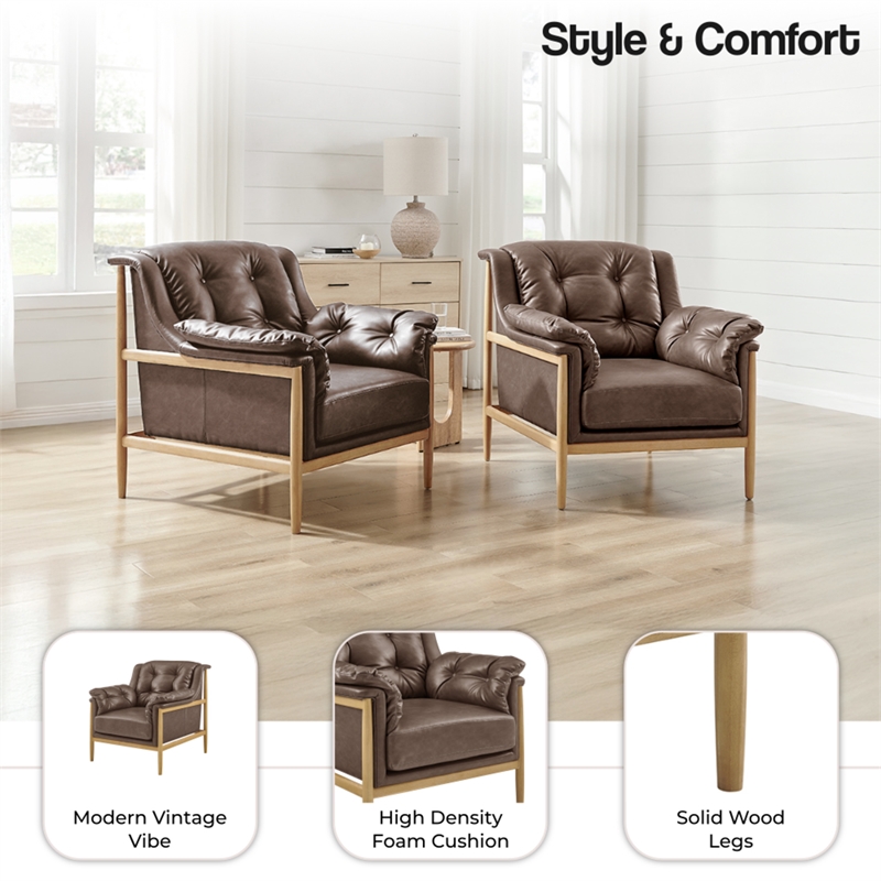 NPD Furniture Larry Faux Leather Tufted Accent Arm Chair in Casa Brown